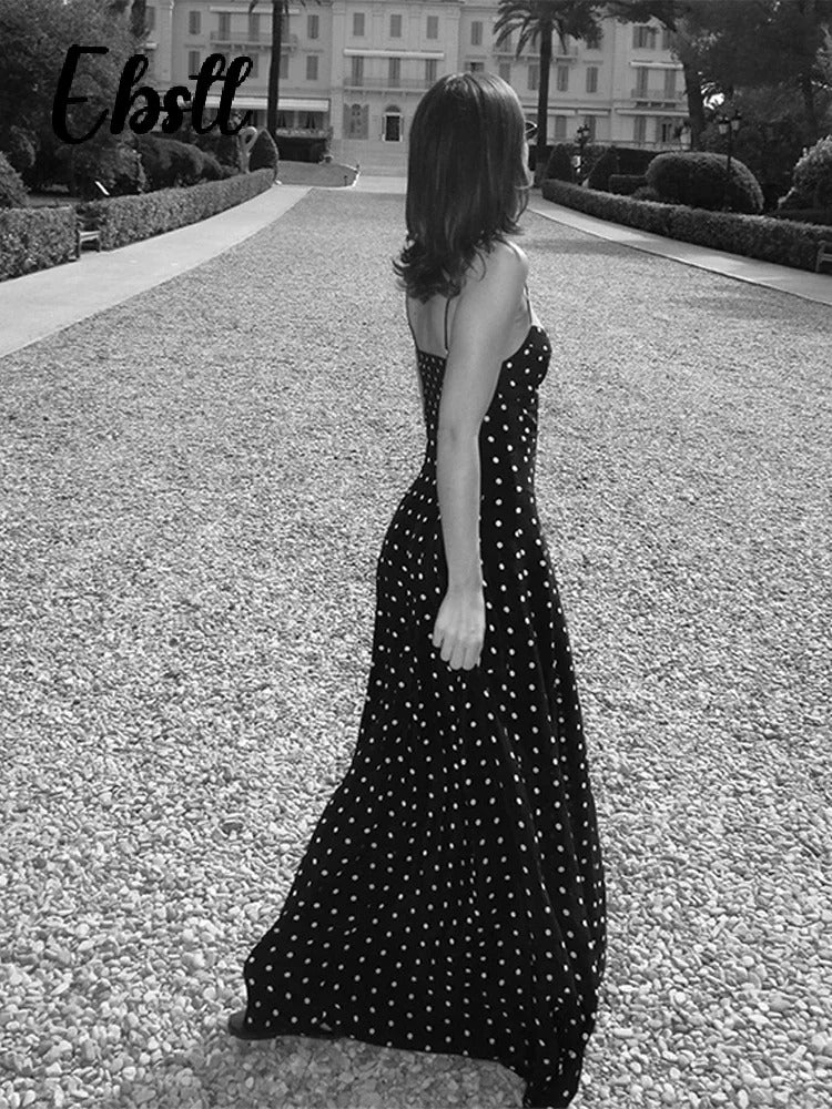 Dot Print Strapless Long Dress Women Retro V-neck Sleeveless Backless High Waist Dresses